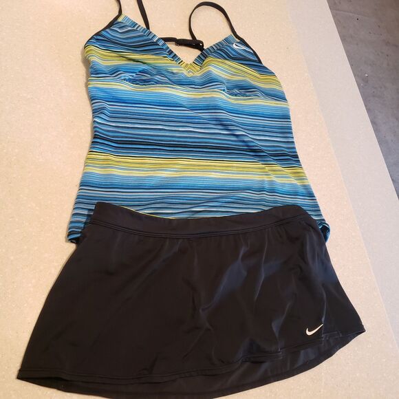Nike Swimsuit Woman’s Size 8/10 Blue Yellow Black Tankini Skirt Bottom 2 Piece - Picture 1 of 8